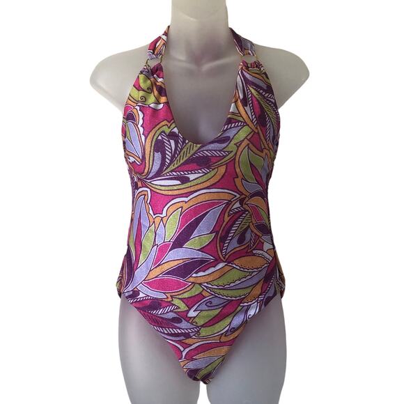 BECCA Retail $138 Hot Pink Glitter Psychedelica Nina Plunge One Piece Size M - Picture 1 of 6